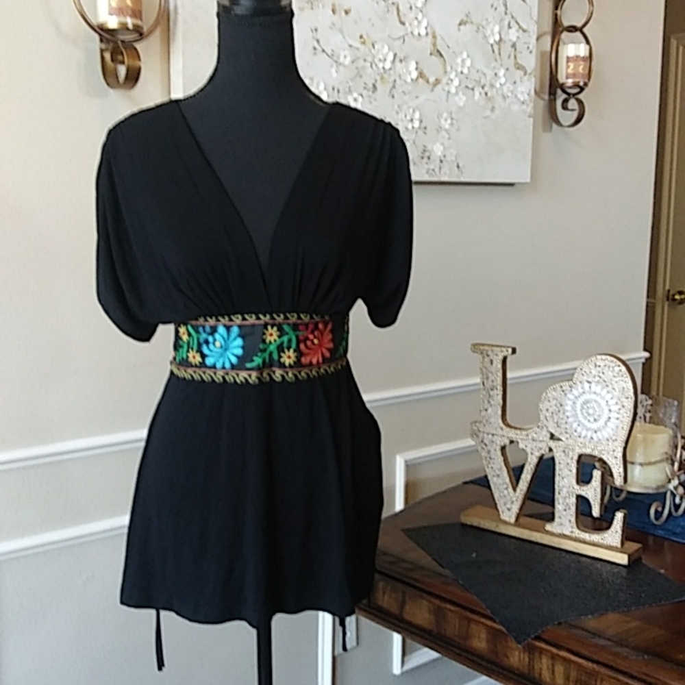 Black Wrap Front Embroidered WaistLine Peplum Top. Size S